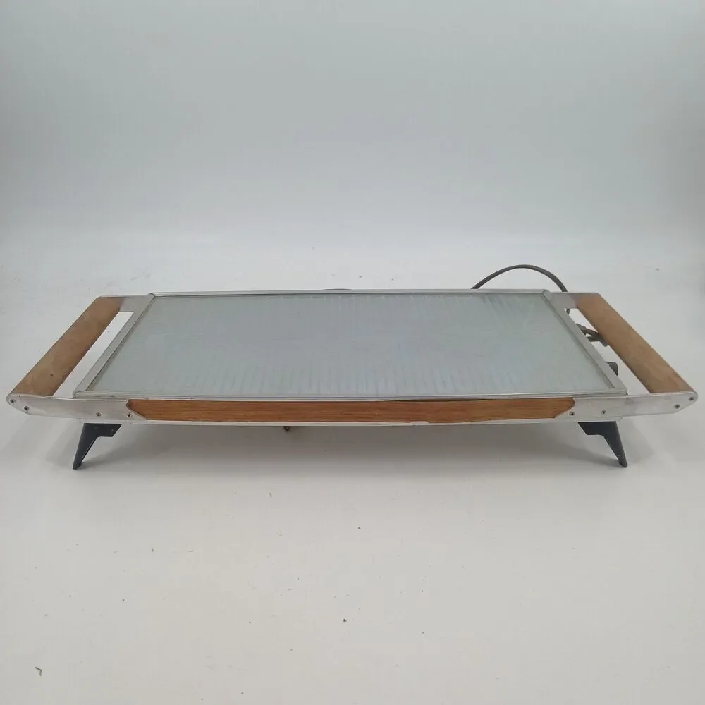 Vintage Hotray Electric Warming Tray Wood Handles Metal Surface Model H-130